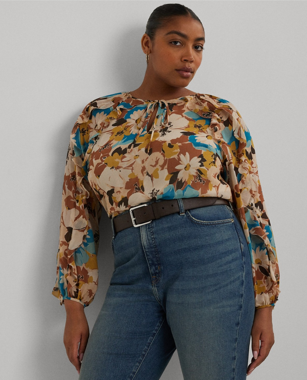Ralph Lauren Women Floral Tie Neck Ruffled Blouse White Multi Plus Size 2X